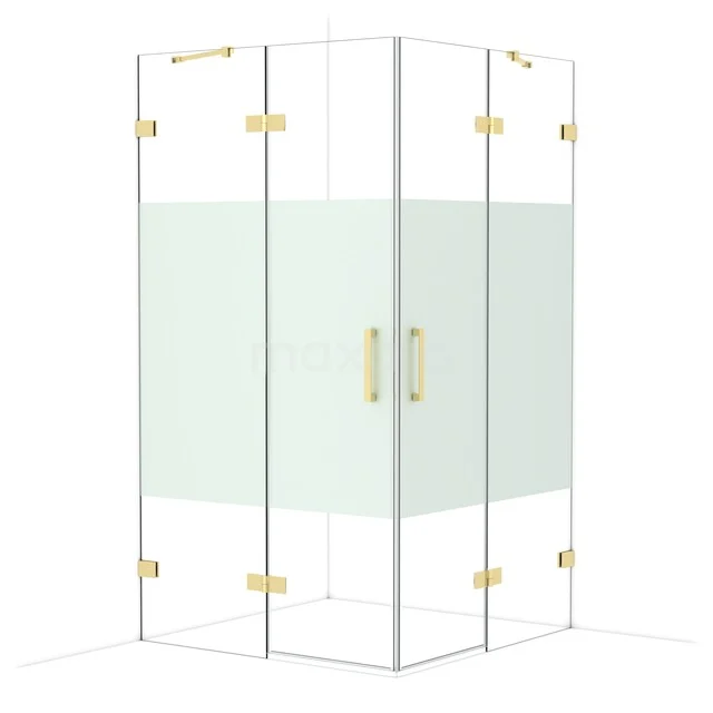 Stylish glass shower cabin with gold details and frosted glass, ideal for a modern bathroom.