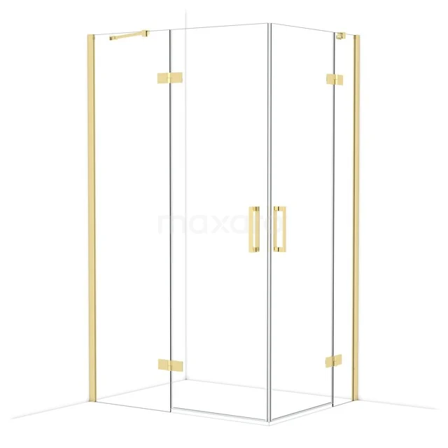 Goldene Eck-Duschkabine mit Klarglas, minimalistischer Design und eleganten Messingakzenten für eine luxuriöse Badezimmerausstrahlung.
