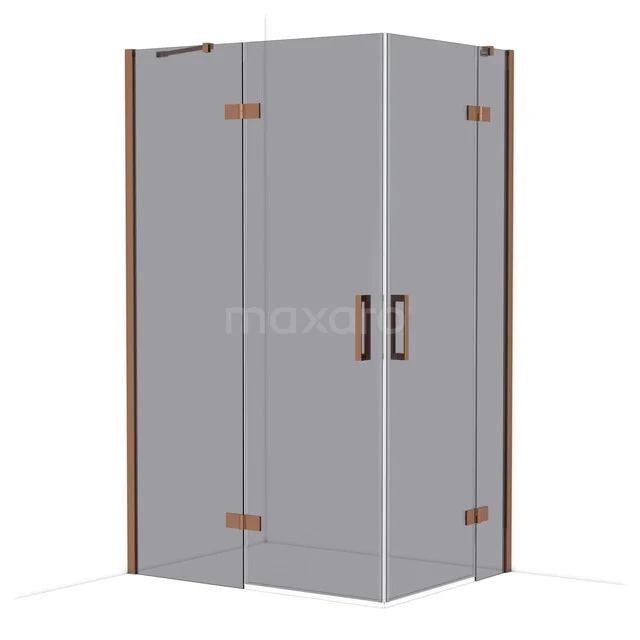 Corner shower cabin with glass walls and bronze-coloured details, ideal as a stylish bathroom solution.