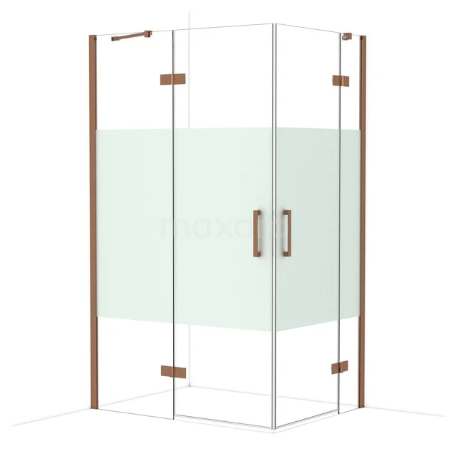 Diamond Shower enclosure | 120x90 cm Glanzend koper Clear with matt strip Pivot door Rectangle CDD6636413GKP Hoekdouchecabine van helder glas met matte strook, chroomkleurige accenten en minimalistisch design voor een moderne badkamer.