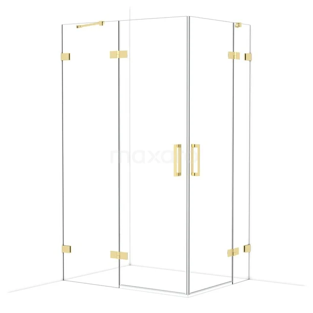 Glass shower cabin with brass details and hinges, square shape, modern design for a stylish bathroom.