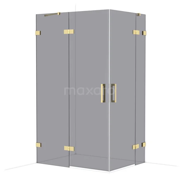 Diamond Shower enclosure | 120x90 cm Glanzend lichtgoud Smoke glass Pivot door Rectangle CDD6636421GLG Grijze glazen douchecabine met gouden scharnieren en handgrepen, ideaal voor stijlvolle badkamerinrichtingen.