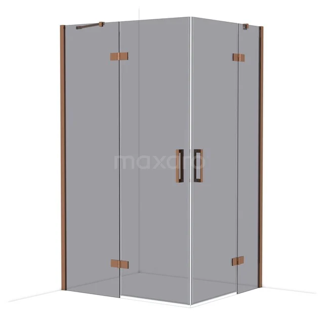 Corner shower cabin with glass panels and matte black handles, featuring copper-coloured details for a luxurious bathroom style.