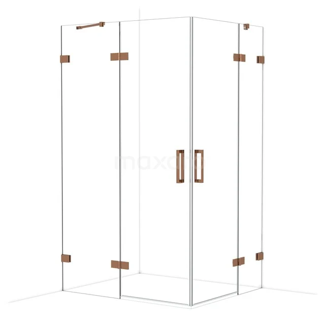 Glass shower cabin with copper details, angular design and minimalist frame, ideal for a modern bathroom style.