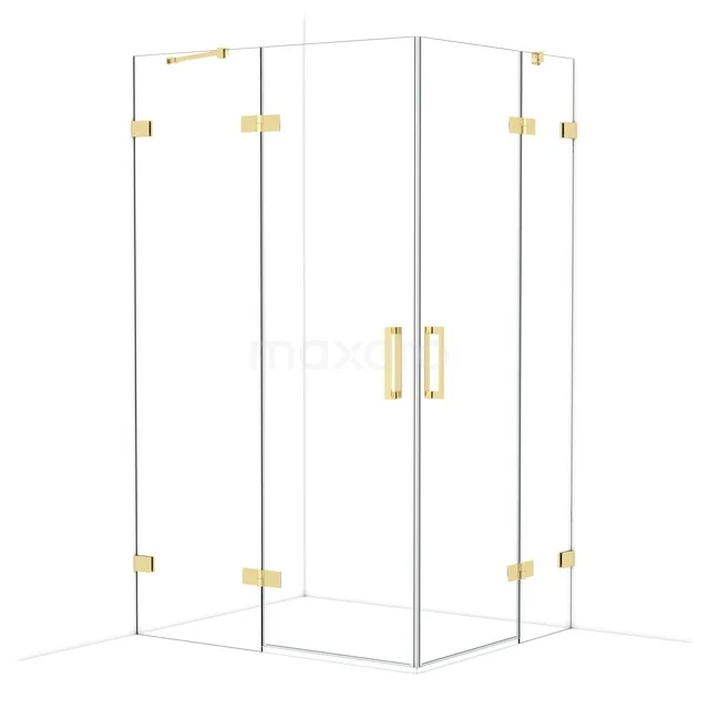 Glass shower cabin with gold accents, square design, ideal for a stylish modern bathroom.