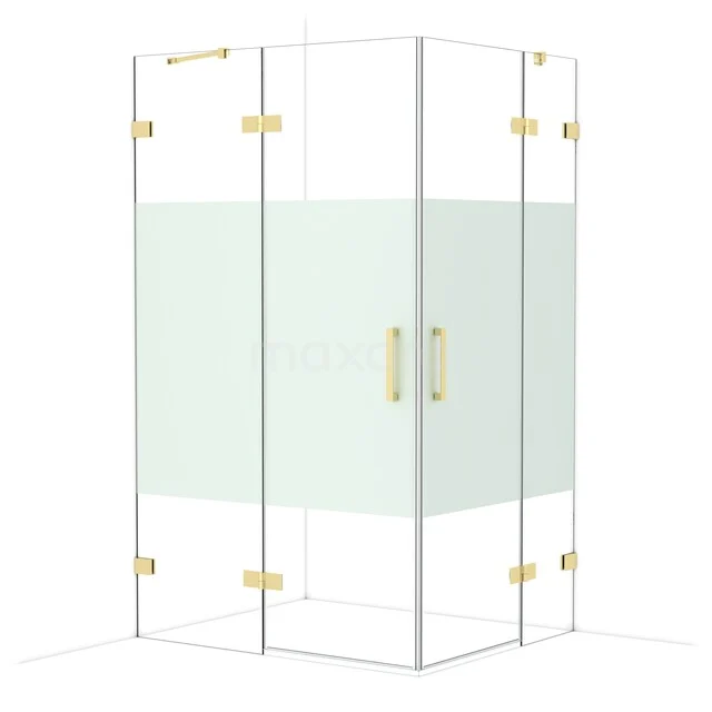 Glazen douchecabine met goudkleurige scharnieren, dubbele deuren en matglas effect, modern design voor luxe badkamers.