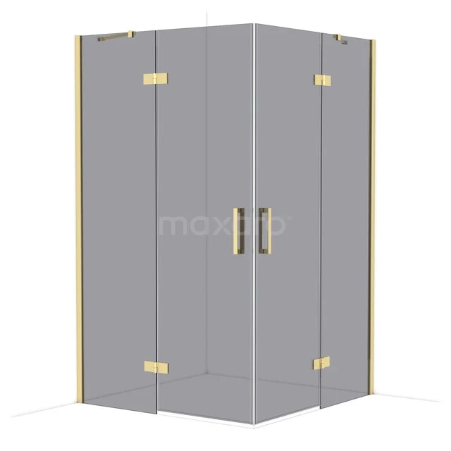 Corner shower cabin with clear glass, gold-coloured hinges and handles; a stylish addition to any modern bathroom.