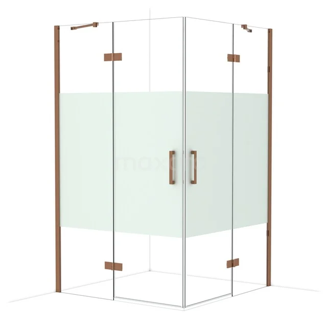 Modern glass shower cabin with matte white panel, copper-coloured accents and double doors; luxurious bathroom style.