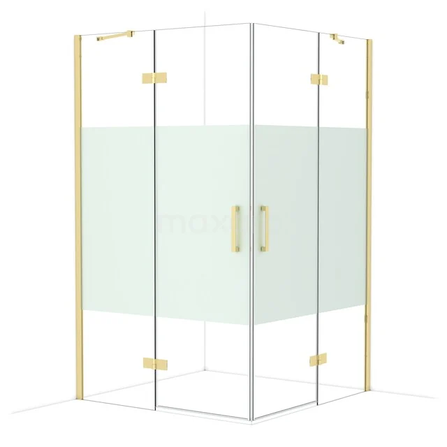 Square shower cabin, gold-coloured accents, frosted glass centre panel - stylish and modern bathroom design.