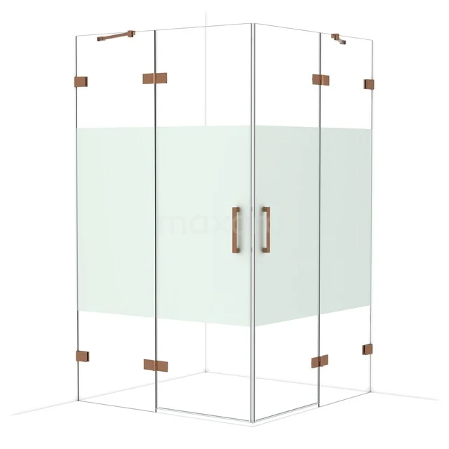 Glass corner shower with frosted glass and copper accents, luxury design for modern bathroom.