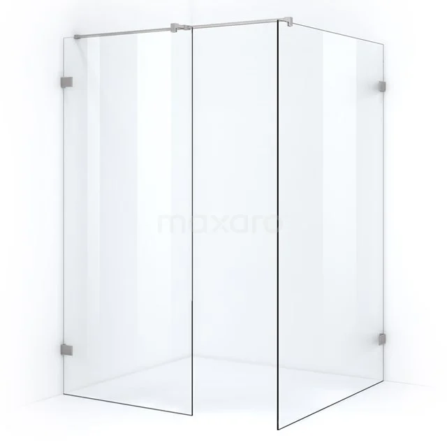 Glass shower screen corner unit, transparent safety glass, minimalist design, ideal for modern bathrooms.
