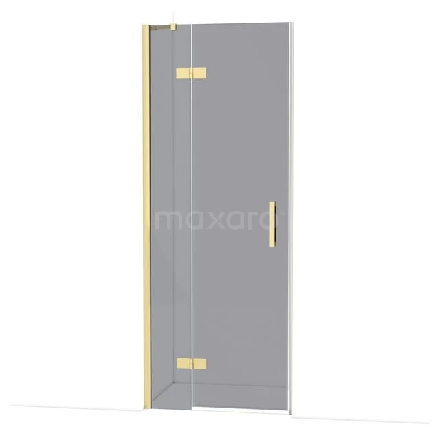 Glas Duschtür mit goldfarbenen Scharnieren und Haltegriff, elegantes Design für eine moderne Badezimmer Einrichtung.