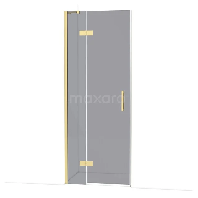 Glazen douchedeur met goudkleurige scharnieren en handgreep, strak design voor een moderne badkamer inrichting.