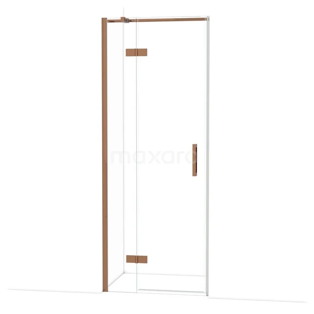 Glass shower door with copper-coloured details, corner model, ideal for modern bathroom decor with stylish design.