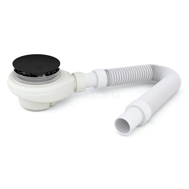 Weiße Duscheablauf mit flexibler Schlauch und schwarzer Abdeckung; ideal für eine moderne Badezimmerinstallation.