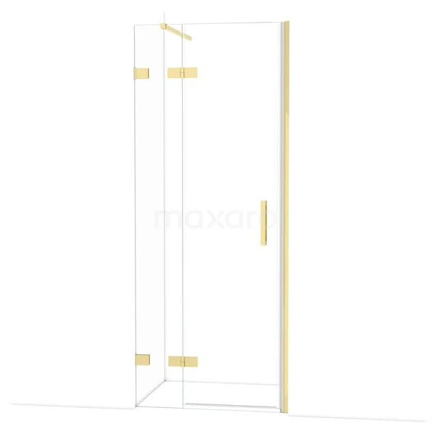 Glazen douchedeur met goudkleurige scharnieren en handgreep, modern design voor luxe badkamerinterieurs.