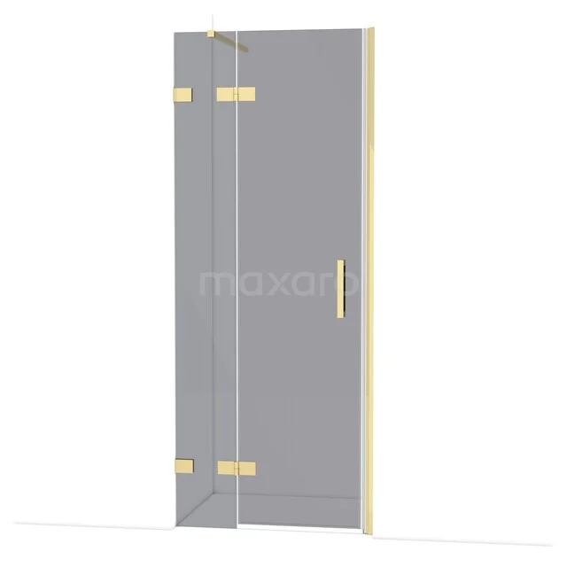 Glass shower door with gold hinges and handle, sleek design for a modern bathroom.