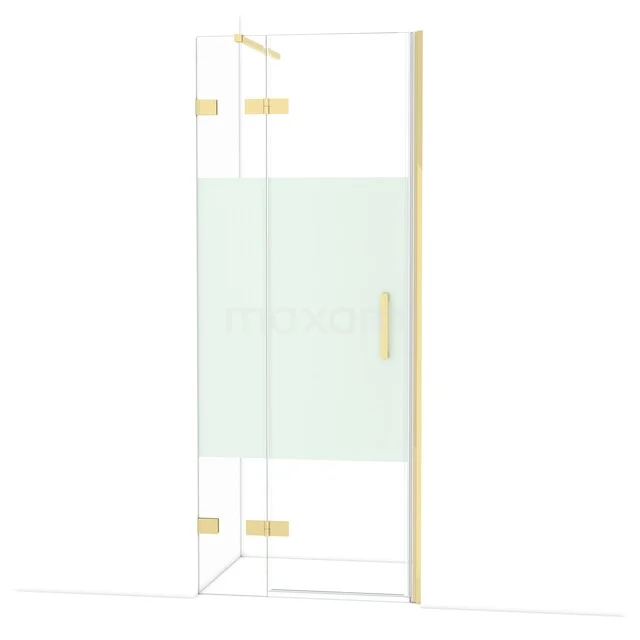 Shower wall with gold accents, clear glass and matte detail, ideal for a modern bathroom design.