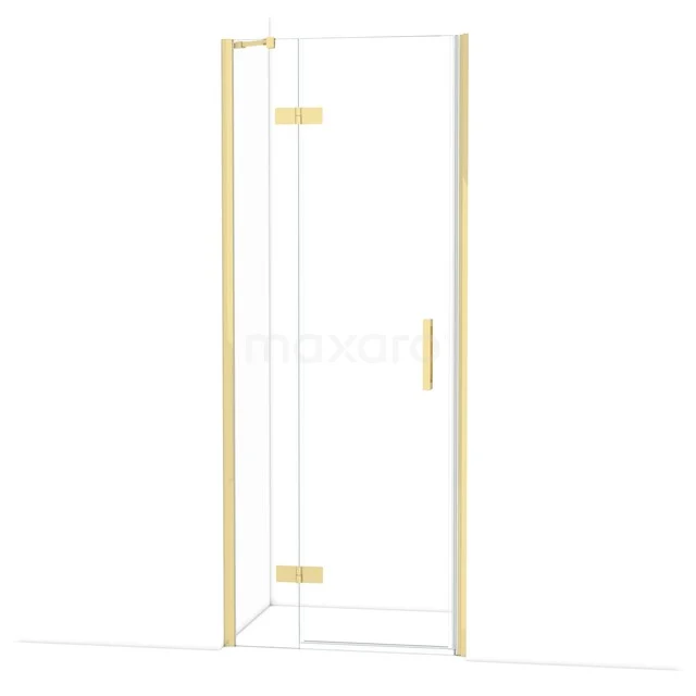 Glazen douchedeur met gouden scharnieren en handgreep, modern design voor luxe badkamerinterieur.