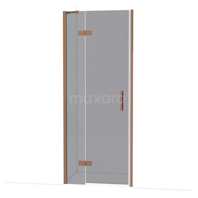 Glasene Duschtür mit Scharnieren in Kupferfarbe, modernes Design, ideal für eine stilvolle Badezimmergestaltung.