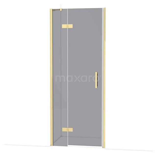 Glass shower door with gold-coloured black hinges and minimalist design, perfect for modern bathrooms.