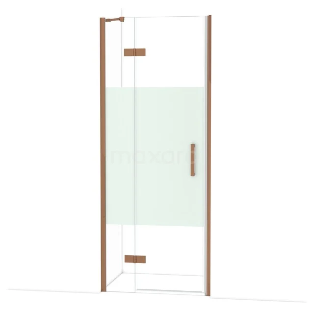 Glazen douchedeur met mat middenpaneel, slanke bronzen profielrand en moderne handgreep voor stijlvolle badkamerinrichting.
