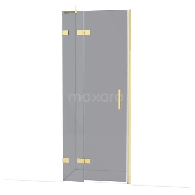 Glass shower door with gold-coloured hinges and handle, modern design, ideal for a luxury bathroom.