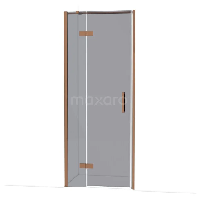 Douchedeur met helder glas en koperkleurige scharnieren, ideaal voor een moderne badkamerstijl.