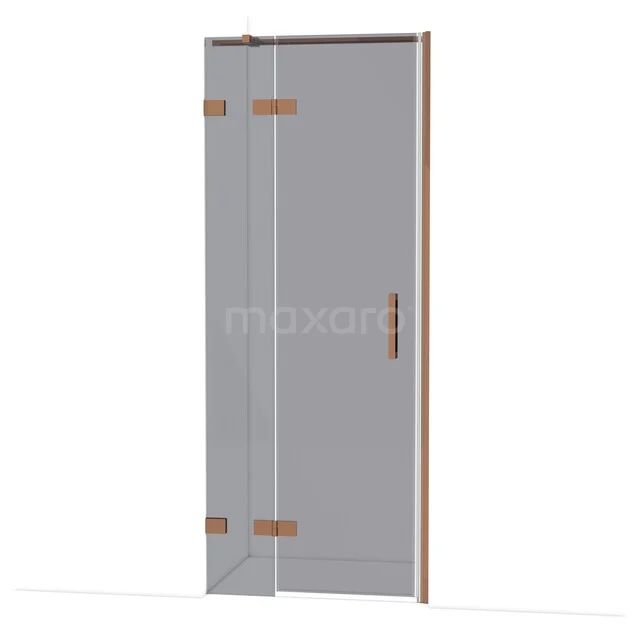 Glass shower door with bronze accents, minimalist design, ideal for modern bathrooms.