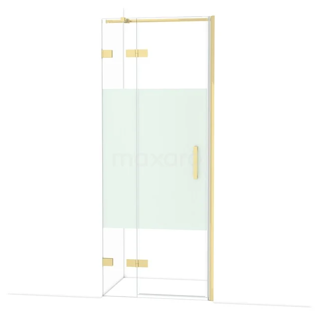 Diamond Shower door | 80 cm Shiny light gold Clear with matt strip Pivot door DDB21352323GLG Shower wall with gold accents, clear glass panel and hinges, ideal for a modern bathroom style.