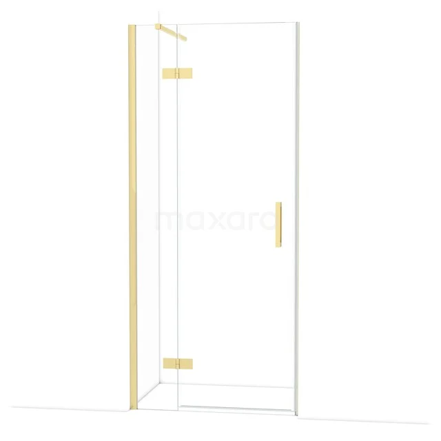 Diamond Shower door | 90 cm Glossy light gold Clear glass Pivot door DDB21361110GLG Doorzichtige glazen douchedeur met goudkleurige scharnieren en handgreep, ideaal voor een luxe badkamerstijl.