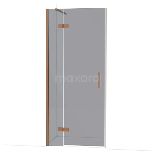 Diamond Shower door | 90 cm Shiny copper Smoke glass Pivot door DDB21361111GKP Glazen douchedeur met chroom scharnieren en houten handgreep, ideaal voor een moderne badkamer.