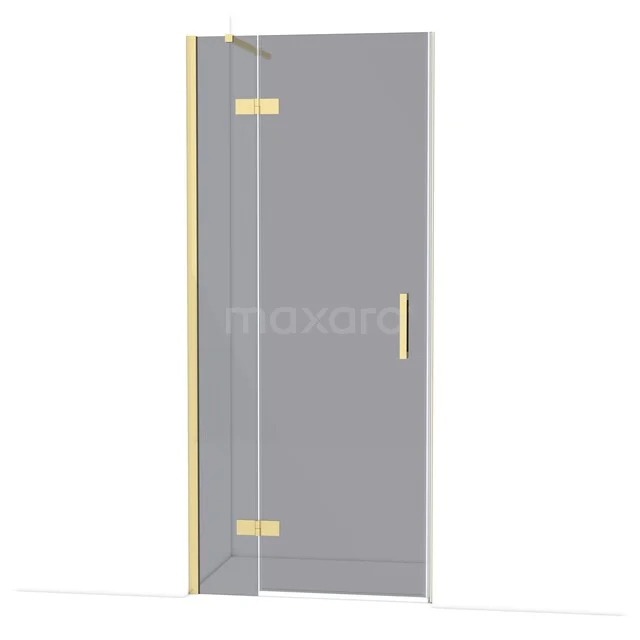 Shower door made of clear glass with gold-coloured hinges and handle, perfect for a luxury bathroom style.