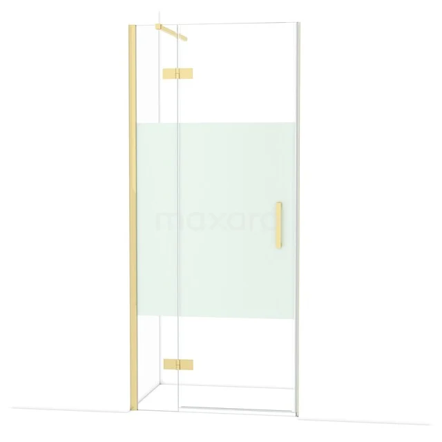 Diamond Shower door | 90 cm Glossy light gold Clear with matt strip Pivot door DDB21361113GLG Glazen douchedeur met goudkleurige scharnieren en handgreep, voorzien van matte strook voor privacy, luxe badkamerdesign.