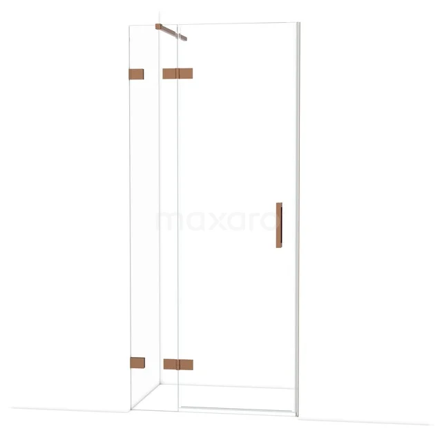 Diamond Shower door | 90 cm Shiny copper Clear glass Pivot door DDB21361120GKP Glazen douchedeur met koperen scharnieren en handgreep, hoekontwerp voor moderne badkamers.