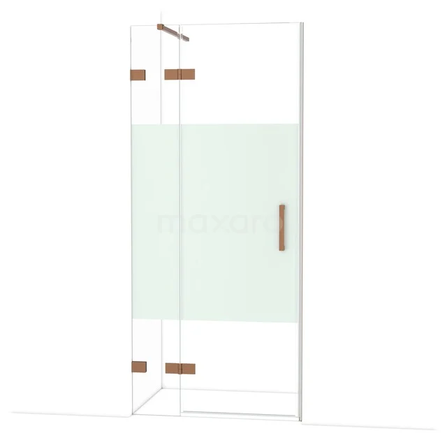 Transparente Glas-Duschwand mit mattem Glaselement, Messingscharnieren und Haltegriff, ideal für ein modernes Badezimmer.