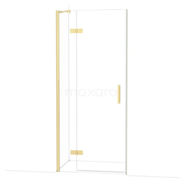Diamond Shower door | 90 cm Glossy light gold Clear glass Pivot door DDB21361210GLG Glazen douchedeur met goudkleurige scharnieren en handgreep, minimalistisch ontwerp voor een moderne badkamer.