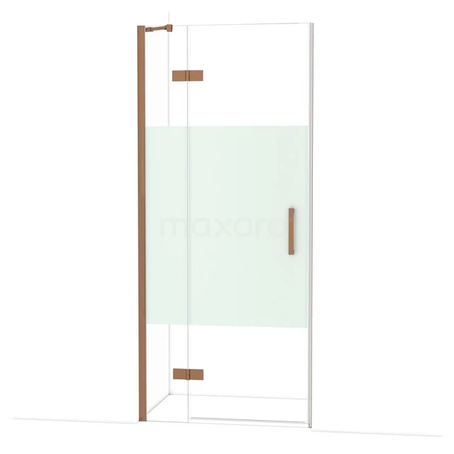 Diamond Shower door | 90 cm Shiny copper Clear with matt strip Pivot door DDB21361213GKP Glazen douchedeur met mat groene strook, koperkleurige scharnieren en handgreep, modern design voor stijlvolle badkamers.