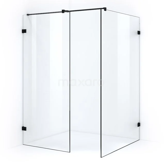 Matte black walk-in shower made of glass with double pivot doors, ideal for a modern bathroom.