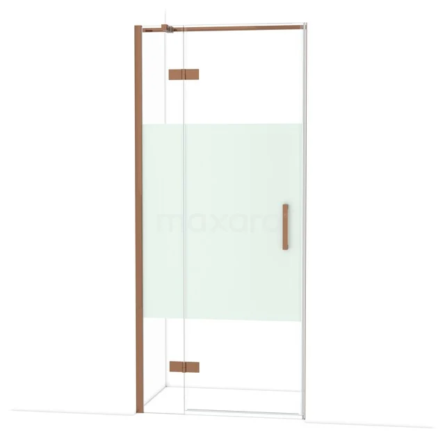 Glas Duschtür mit kupferfarbigem Rahmen, teilweise Mattglas, modernes Design für eine elegante Badezimmerausstrahlung.