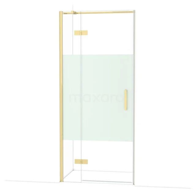 Diamond Shower door | 90 cm Glossy light gold Clear with matt strip Pivot door DDB21361313GLG Douchedeur met mat goudkleurige randen, helder glas en een mat strookdesign, perfect voor een moderne badkamer.