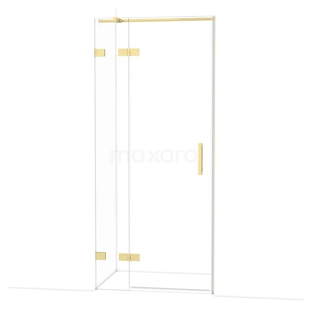 Glasdouchedeur mit goldfarbenen Scharnieren und Haltegriff, perfekte Ergänzung für ein luxuriöses Badezimmer.