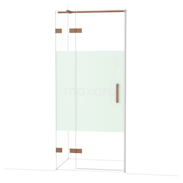 Glazen douchewand met helder en mat glas, koperkleurige details en hoekdesign, ideaal voor moderne badkamers.