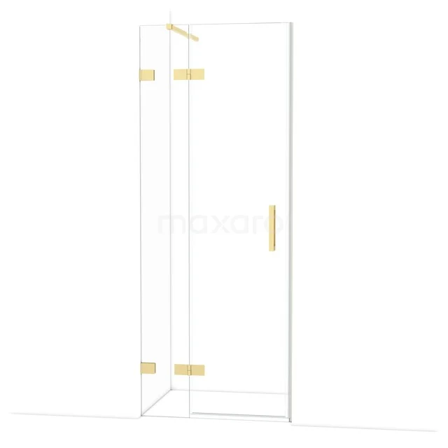 Glazen douchedeur met gouden scharnieren en handgreep, strak design geschikt voor moderne badkamers.