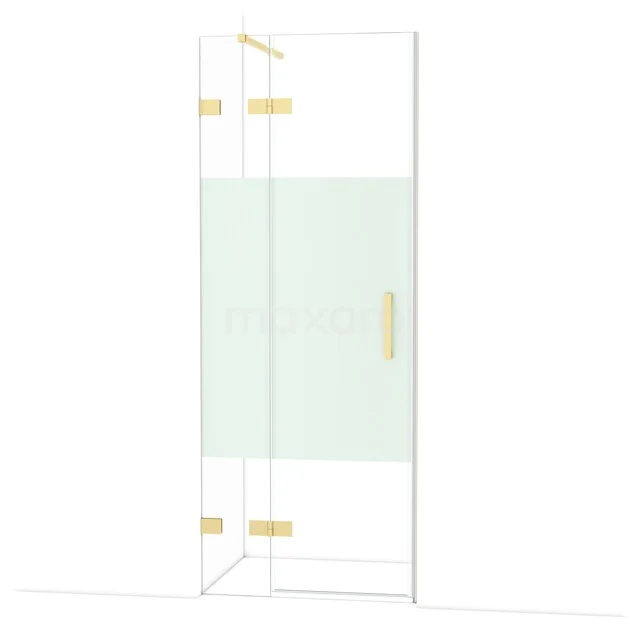 Glass shower door with gold-coloured hinges, matte inlay panel and sleek design; stylish bathroom application.