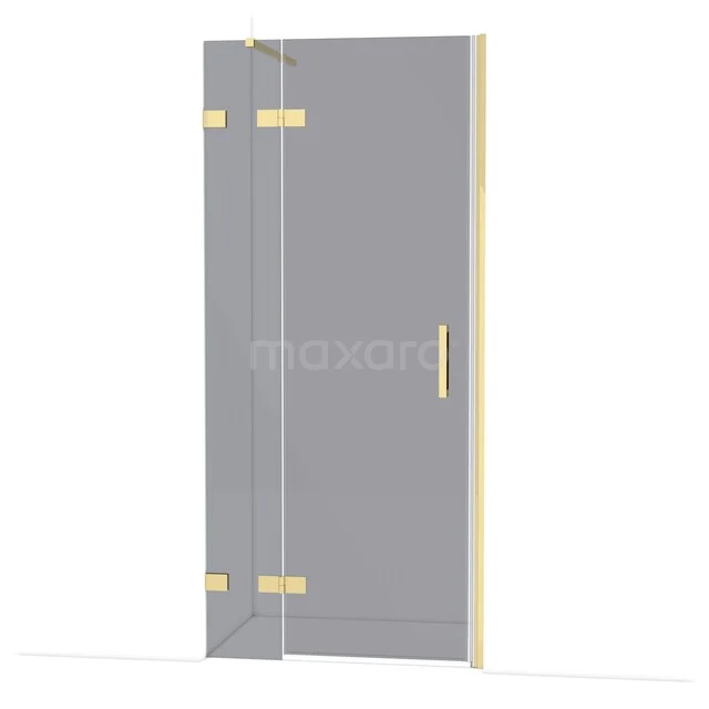 Shower door made of clear glass with gold-coloured hinges and handle, ideal for a modern bathroom design.