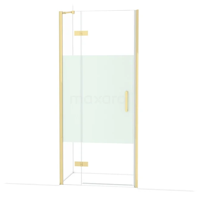 Goldfarbene Duschtür aus Glas mit mattem Streifen, moderne Ausführung perfekt für ein luxuriöses Badezimmer.