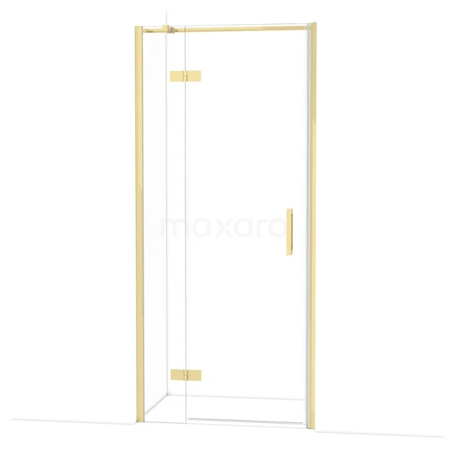 Glass shower cabin with gold accents, luxury design, ideal for modern bathrooms.