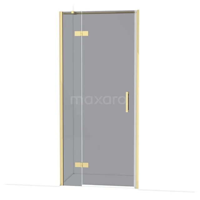 Diamond Shower door | 90 cm Glossy light gold Smoke glass Pivot door DDB21362311GLG Gouden douchedeur met helder glas, scharnieren en handgreep, perfect voor moderne badkamerdesigns.