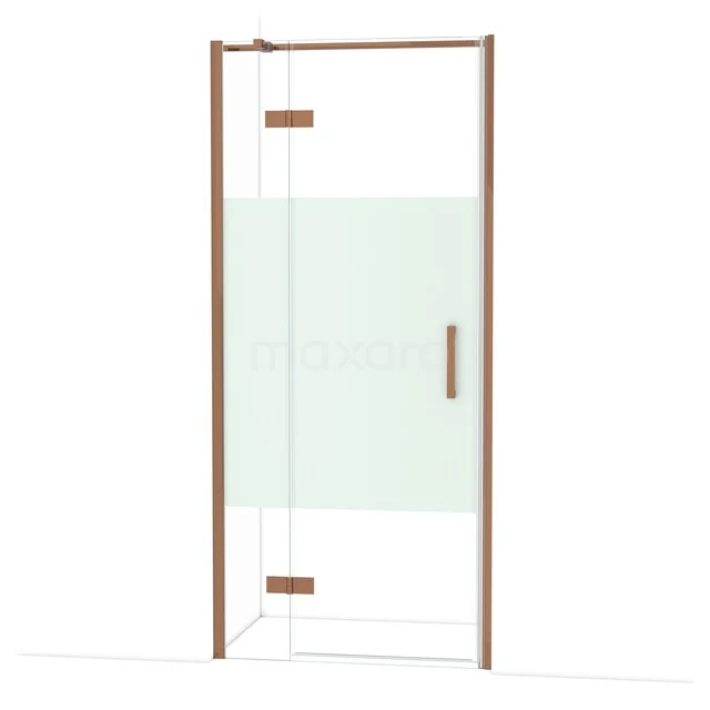 Duschtür mit bronzefarbenem Rahmen, Klarglas und mattem Streifen, stilvolles Design für moderne Bäder.